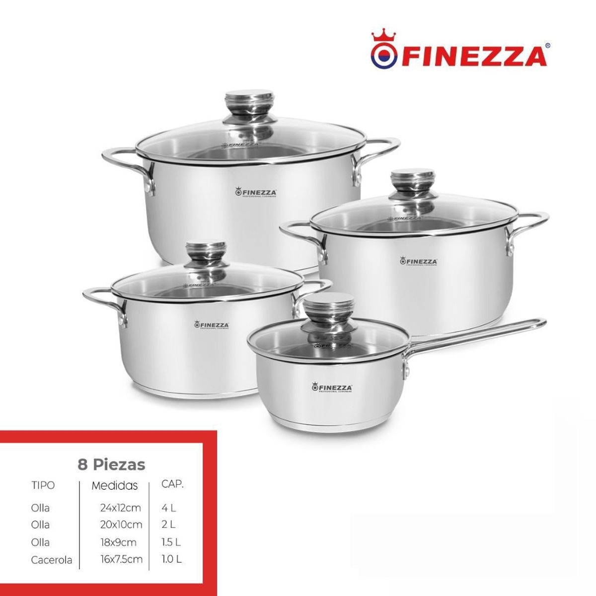 FINEZZA - JUEGO DE OLLAS DE ACERO INOXIDABLE 8 Pzas FINEZZA