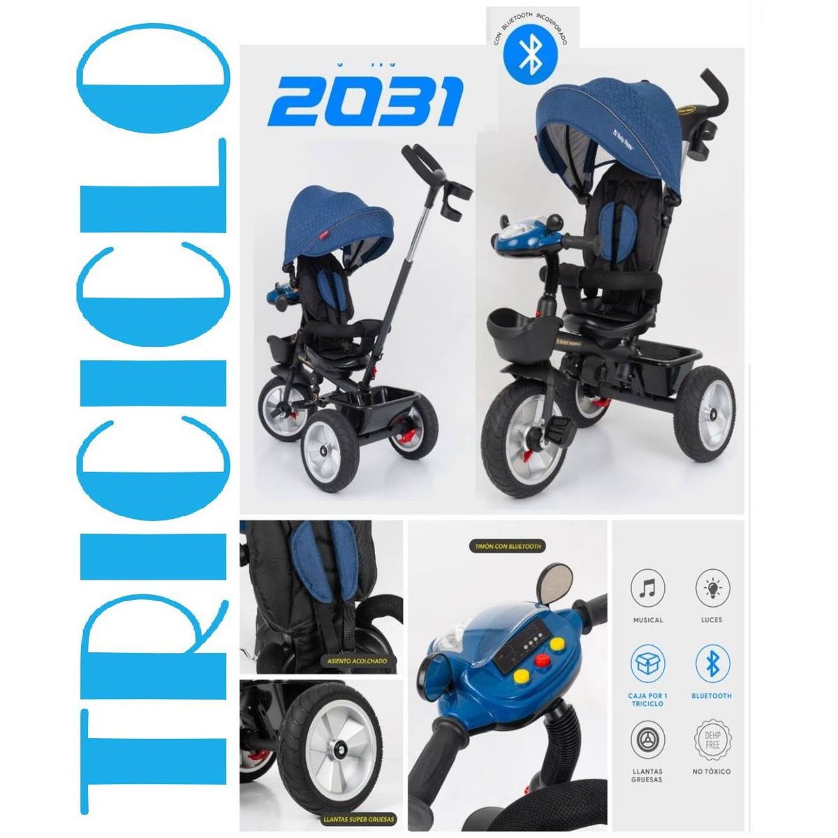 BABY HAPPY - Triciclo Reclinable Giratorio Musical Luces Bluethooth Azul