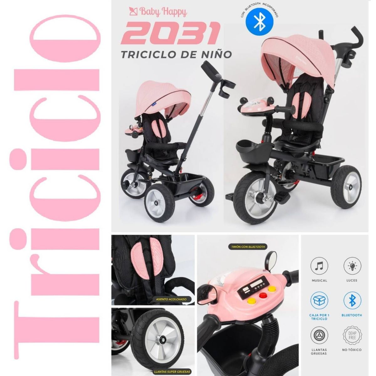 BABY HAPPY - Triciclo Reclinable Giratorio Musical Luces Bluethooth Rosa
