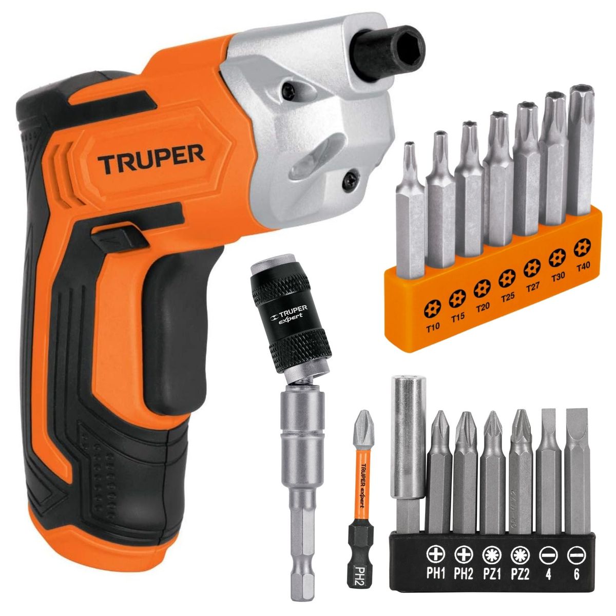 TRUPER - kit Destornillador inalámbrico, 7 puntas torx, adaptador articulado