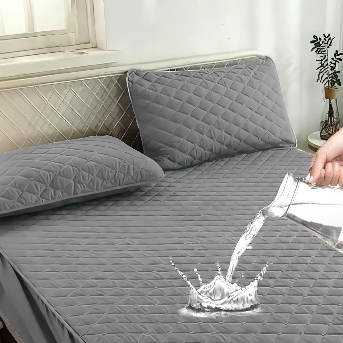 OKAERI - Cubre Colchon Impermeable 2 Plazas + Fundas Okaeri - Gris