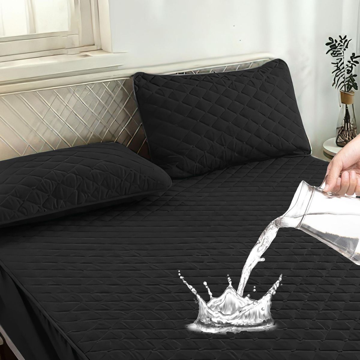 OKAERI - Cubre Colchon Impermeable 2 Plazas + Fundas Okaeri - Negro