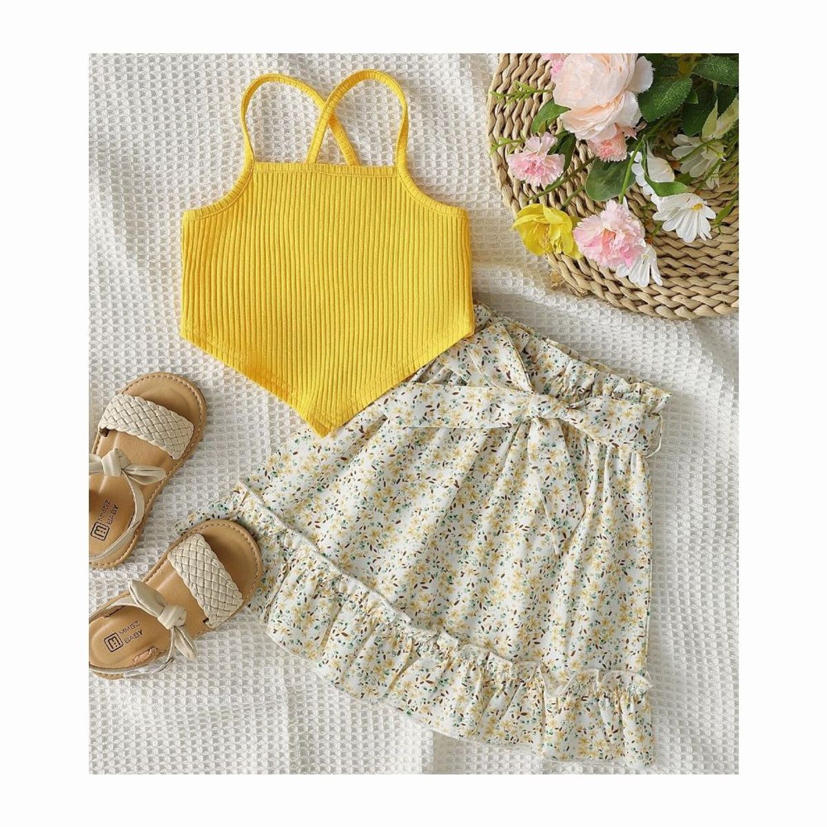 GENERICO - Top de tirantes y Falda con estampado floral Para Bebé - Amarillo