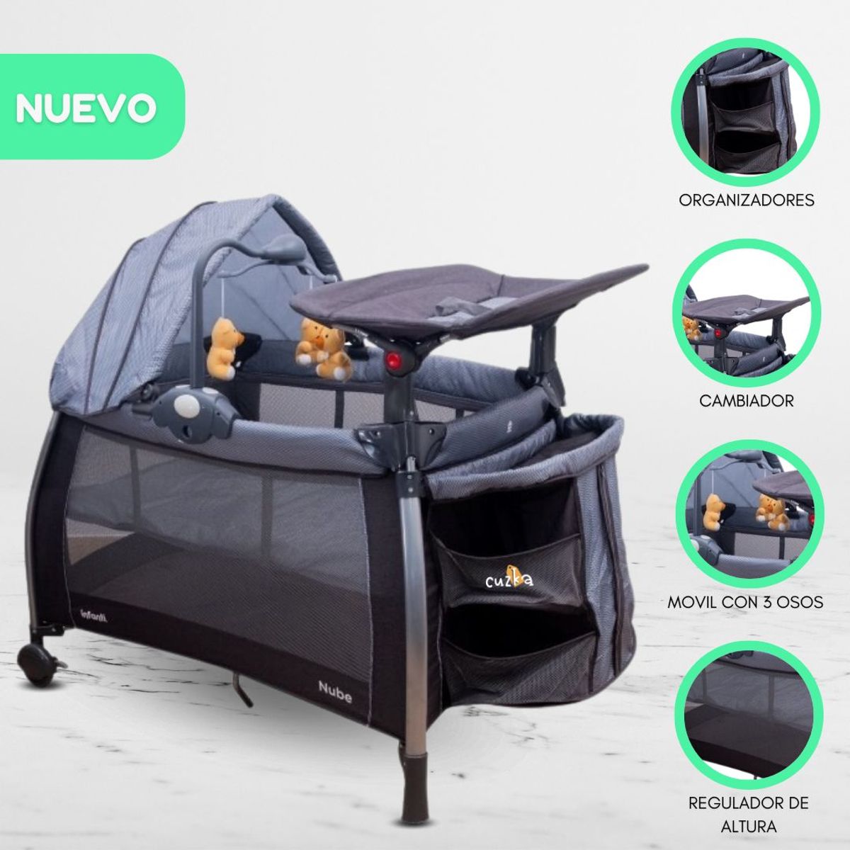 INFANTI - Cuna Corral «NUBE ZIGZAG» Gray