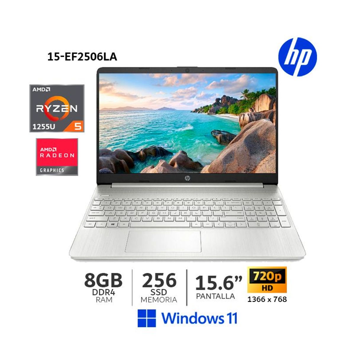 HP - Laptop  HP 15-ef2506la, AMD Ryzen 5 5500, 8GB Ram, 256GB SSD, 15.6", HD, Windows 11 Home