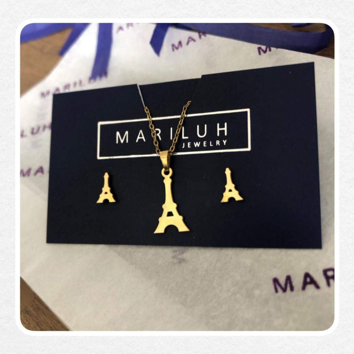 GENERICO - Pack Acero Collar con dije y Aretes - Torre Eiffel Dorado