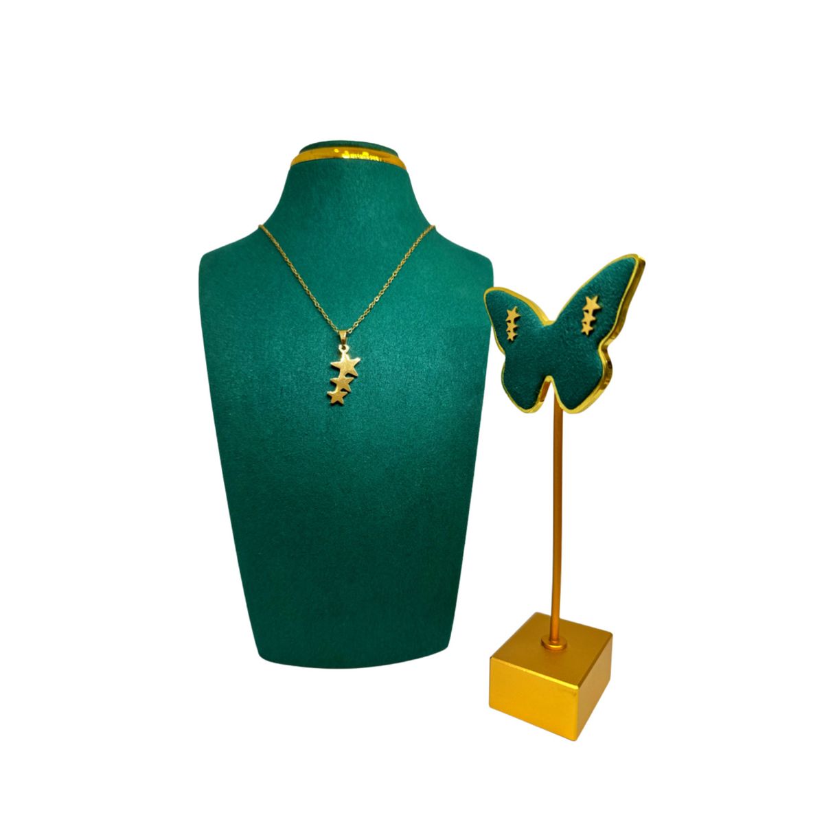 GENERICO - Pack Acero Collar con dije y Aretes - Triple Estrella Lineas Dorado