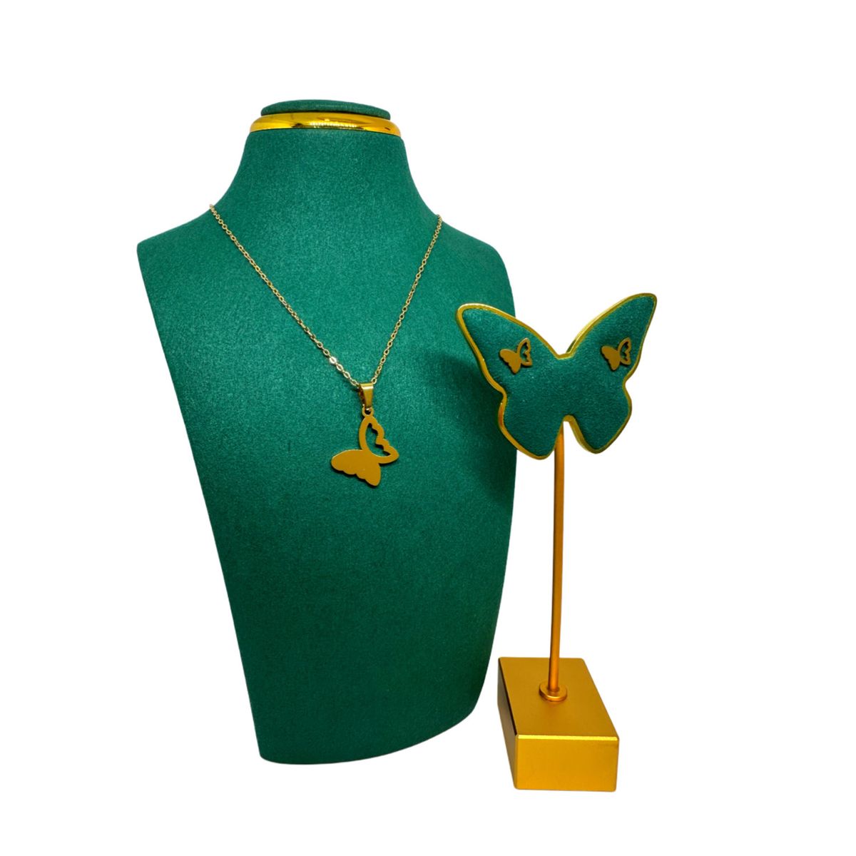 GENERICO - Pack Acero Collar con dije y Aretes - Mariposa Half Mod II Dorado