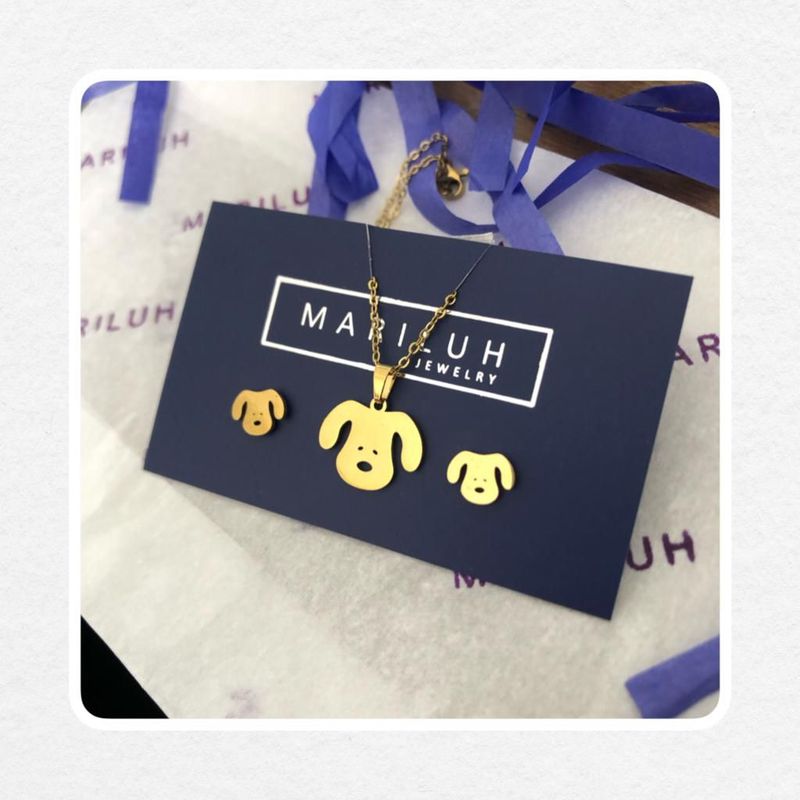 GENERICO - Pack Acero Collar con dije y Aretes - Carita de Perro Dorado