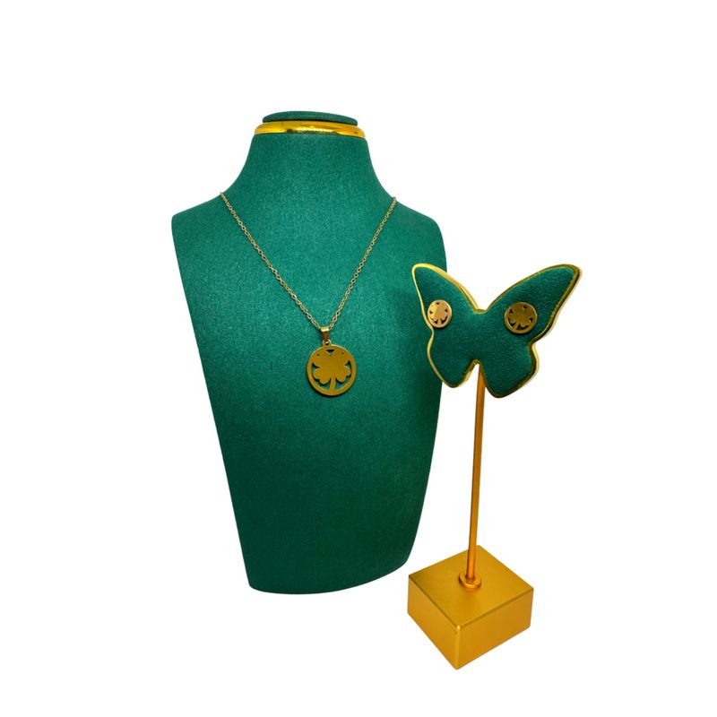 GENERICO - Pack Acero Collar con dije y Aretes - Trébol Encerrado Dorado