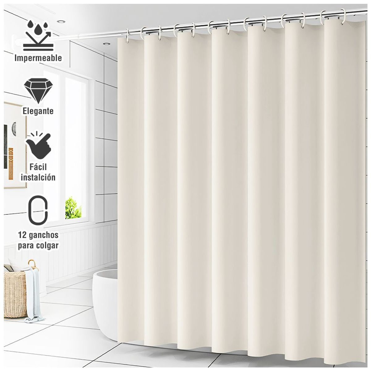 KELLER - Cortina de Baño Impermeable Premium 180x180 Crema U88
