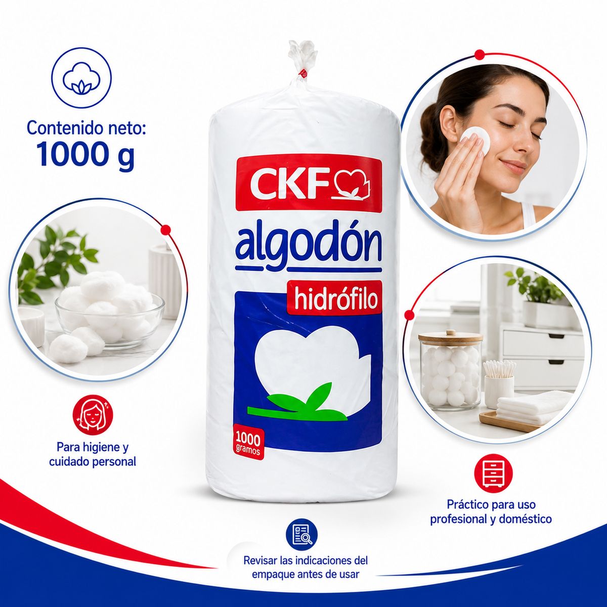 GENERICO - Algodón Hidrófilo CKF 1000 g – Suave y Absorbente para Higiene y Uso Profesional
