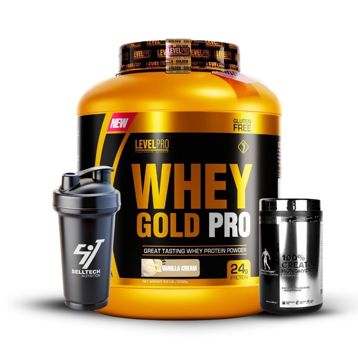 LEVEL PRO - Whey Gold Pro 3kg Vainilla+Creatina Kevin Levrone 500gr