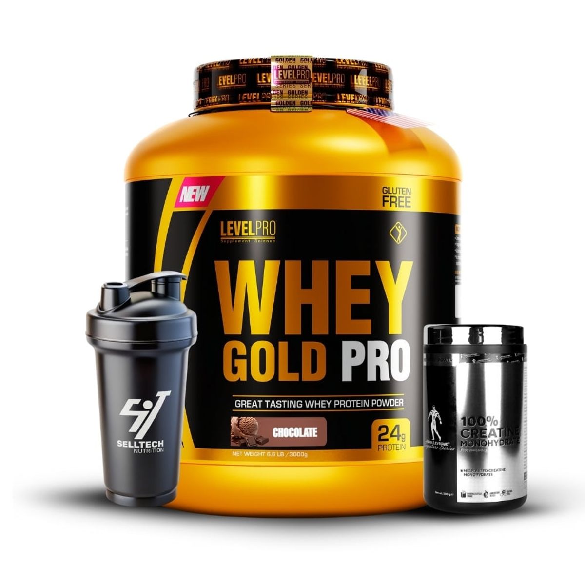 LEVEL PRO - Whey Gold Pro 3kg Chocolate+Creatina Kevin Levrone 500gr