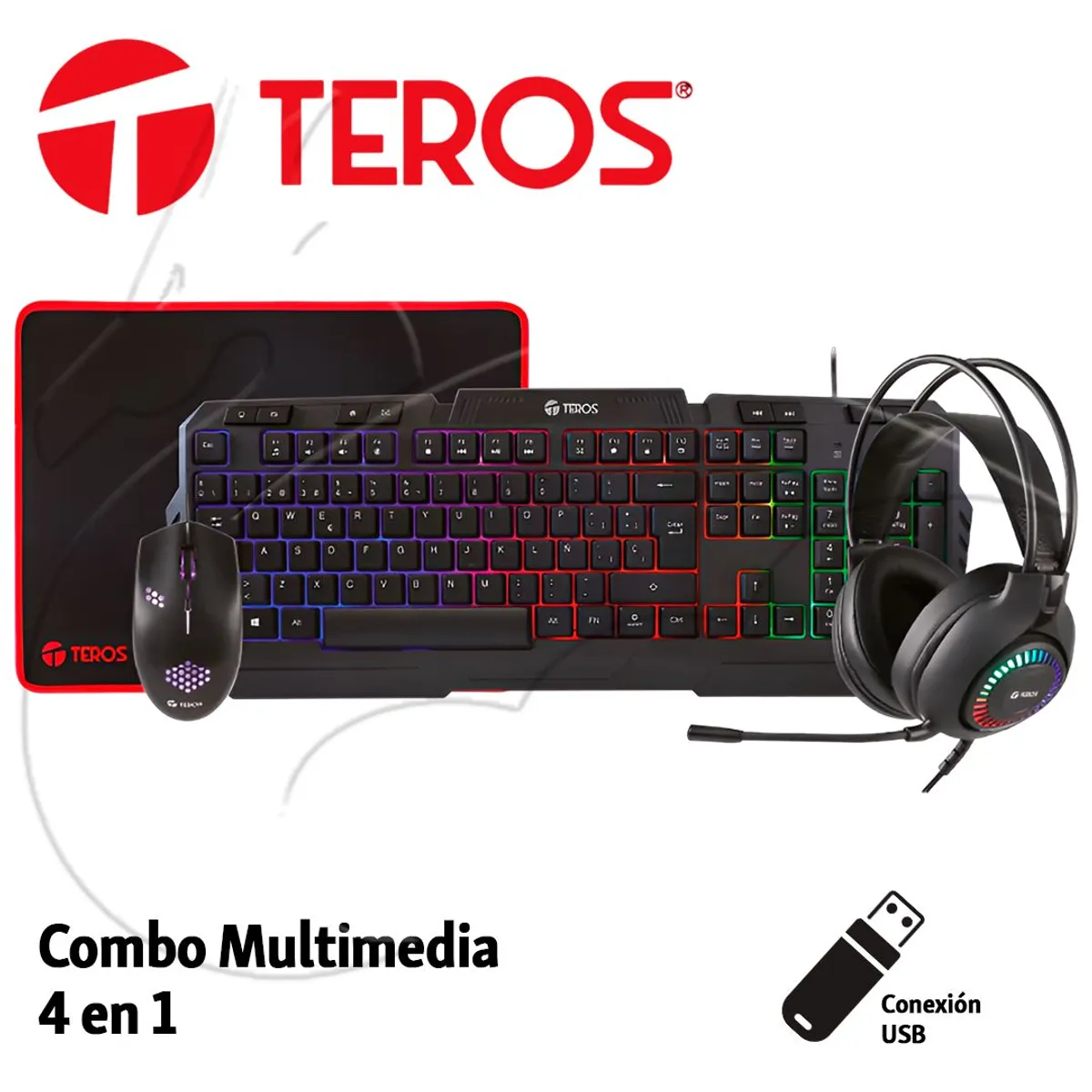 TEROS - Kit 4 en 1 Teros TE-4063N Teclado Multimedia Mouse Headset Mouse Pad