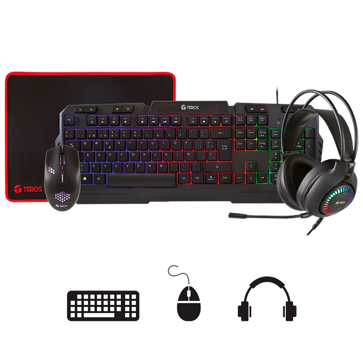 TEROS - Kit 4 en 1 Teros TE-4063N Teclado Multimedia Mouse Headset Mouse Pad