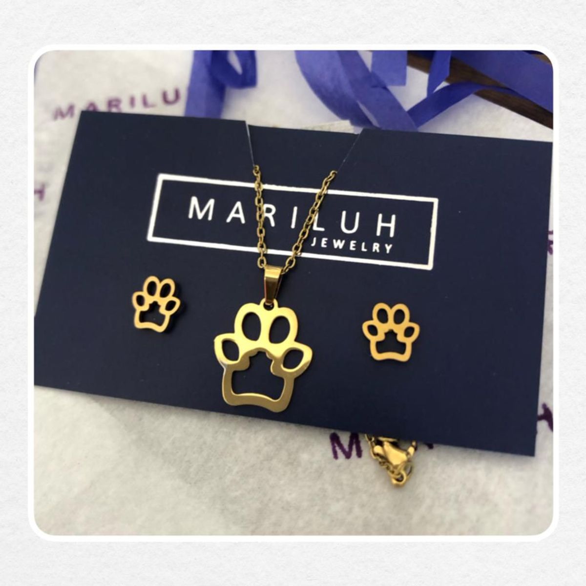 GENERICO - Pack Acero Collar con dije y Aretes - Huellita Mod II Dorada