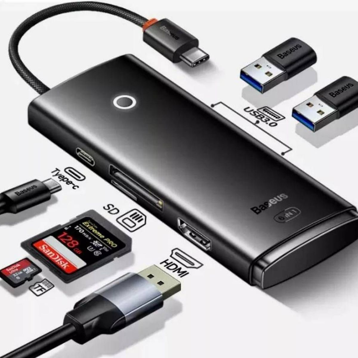 BASEUS - Adaptador Baseus Hub 6 en 1 Tipo C USB3.0 HDMI SD/TF WKQX050101