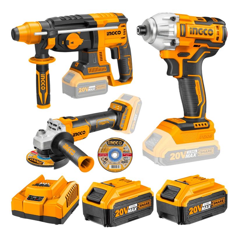 INGCO TOOLS - Pack rotomartillo  esmeril  atornillador de impacto 20v inalambrico ingco