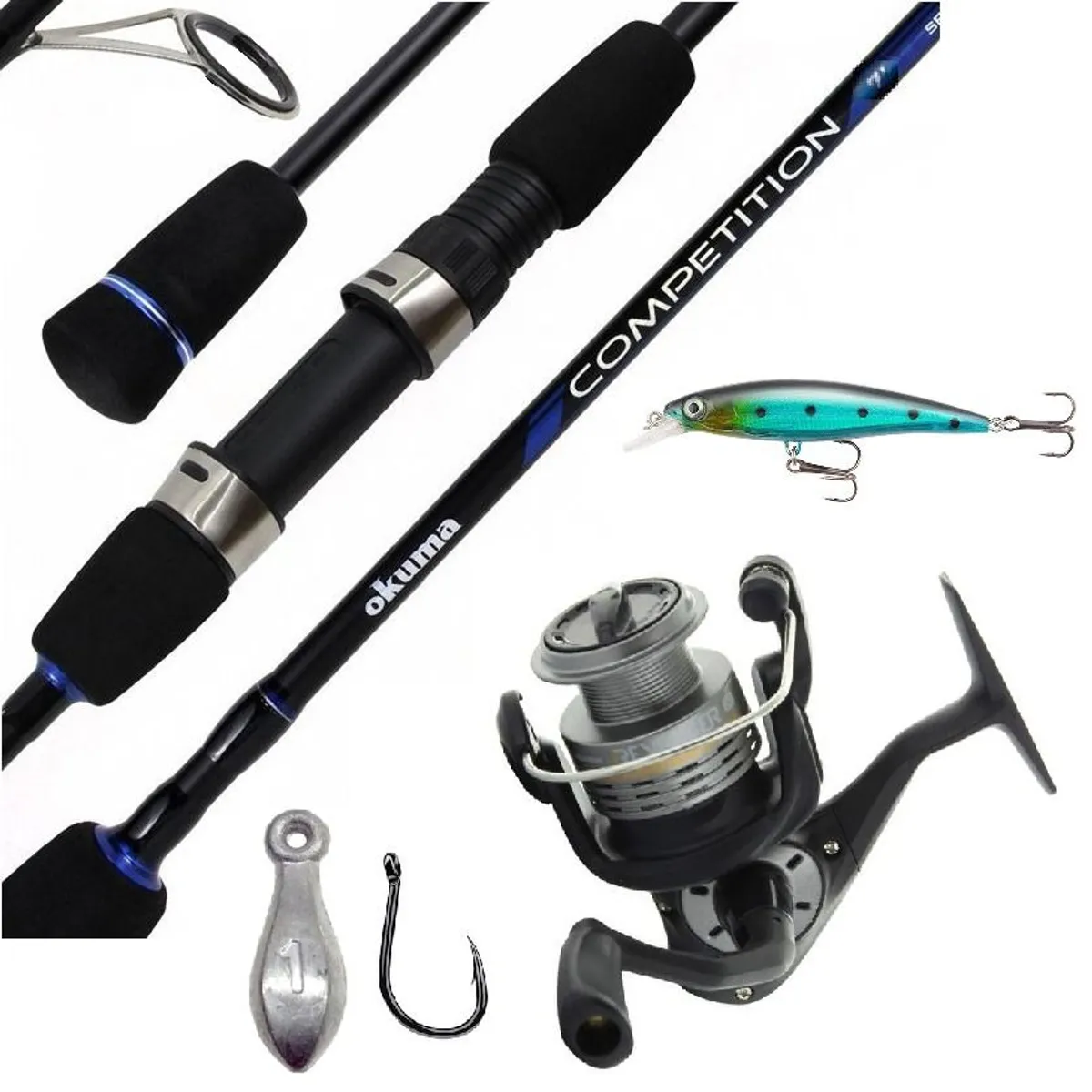 OKUMA - Equipo de Pesca caña 2.10 carrete 4000 nylon mas 1 señuelo