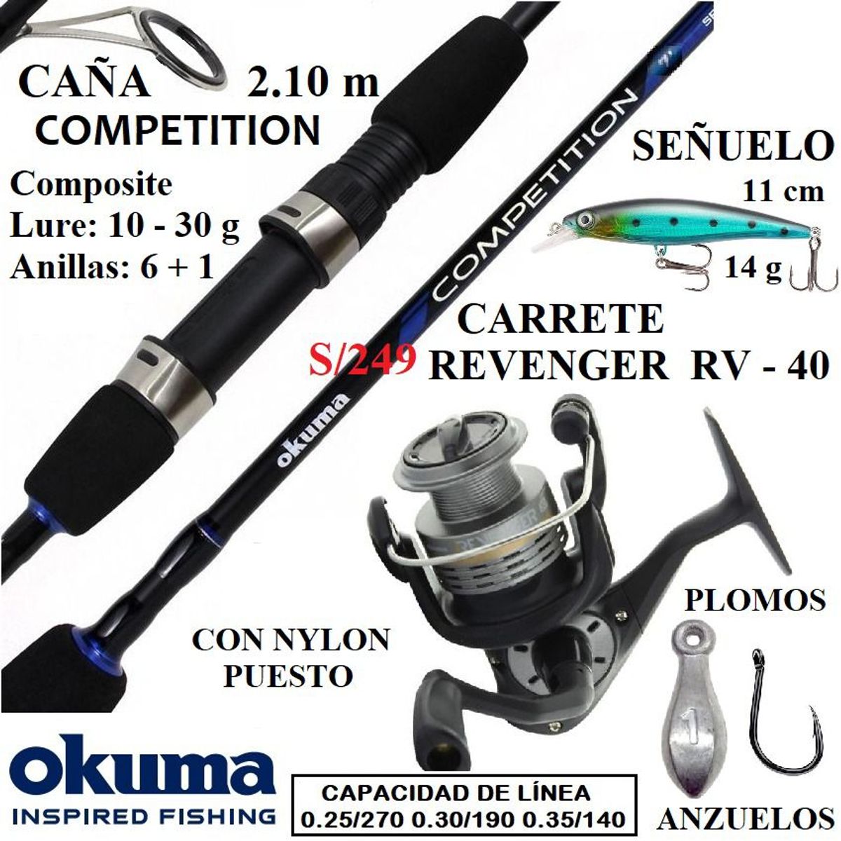 OKUMA - Equipo de Pesca caña 2.10 carrete 4000 nylon mas 1 señuelo