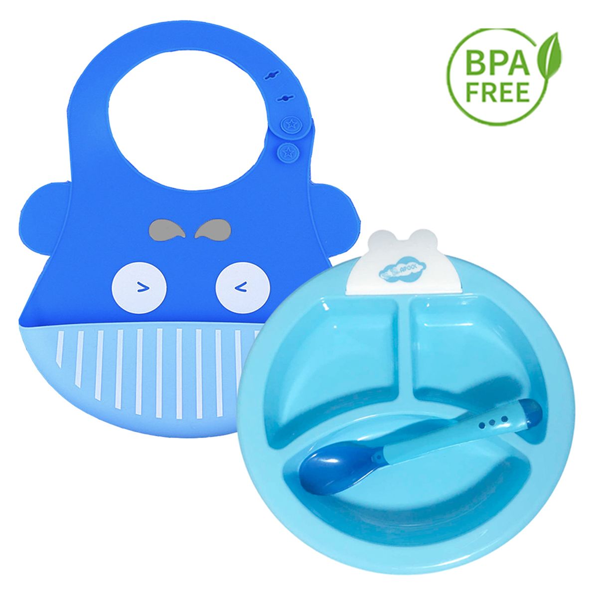 GENERICO - Pack Babero Ballena y Set Plato Termico Celeste para bebe