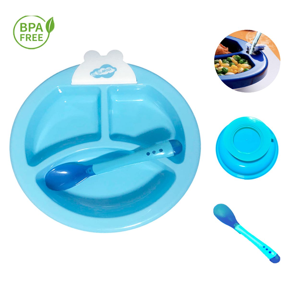 GENERICO - Pack Babero Ballena y Set Plato Termico Celeste para bebe