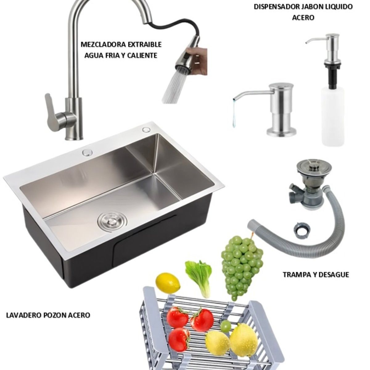 GENERICO - COMBO LAVADERO DE COCINA MODELO POZON  ACERO + MEZCLADORA EXTRAIBLE