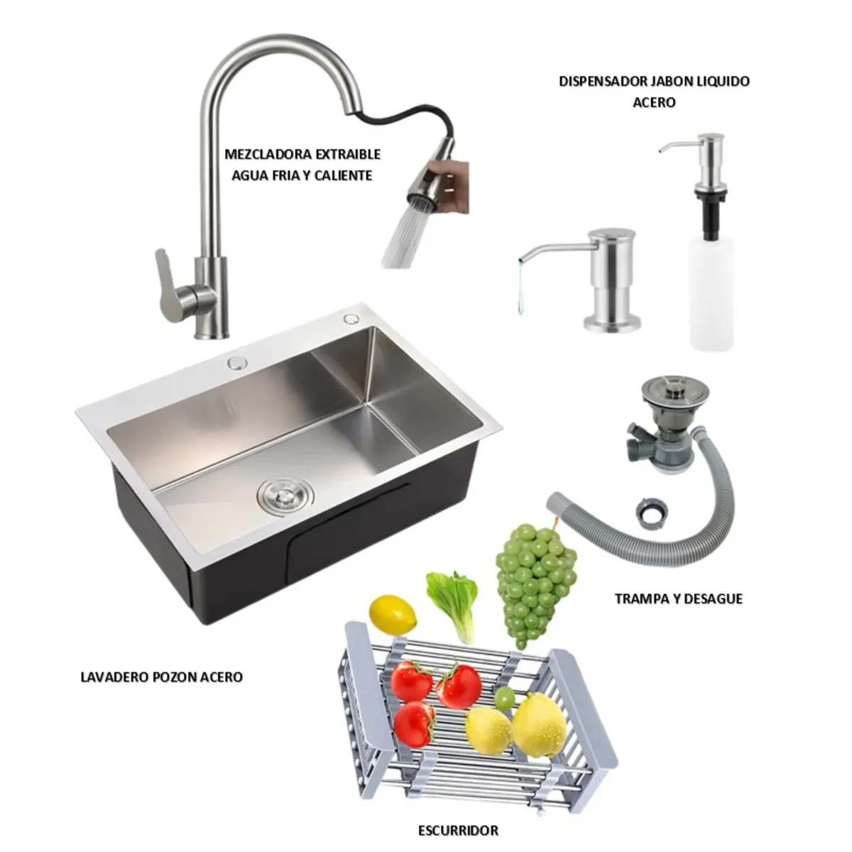GENERICO - COMBO LAVADERO DE COCINA MODELO POZON  ACERO + MEZCLADORA EXTRAIBLE