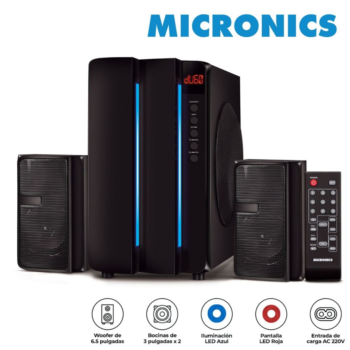 MICRONICS - Parlante 2.1 Micronics S7601 INFINITY6  LED azul USB, FM con control