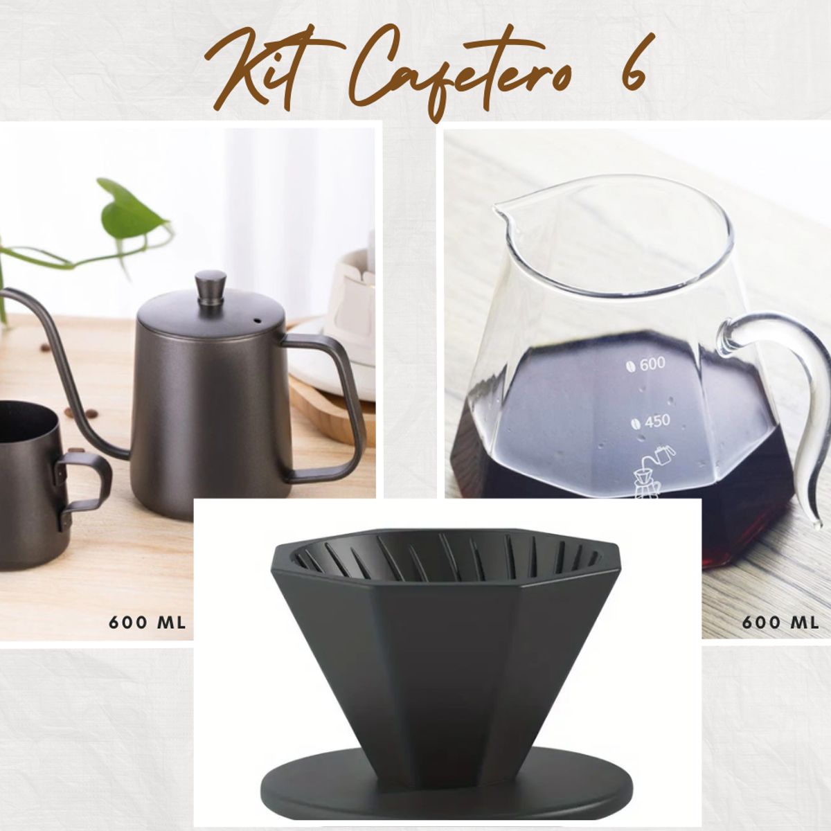 GENERICO - Kit cafetero 6 Decanter - Dripper - Tetera