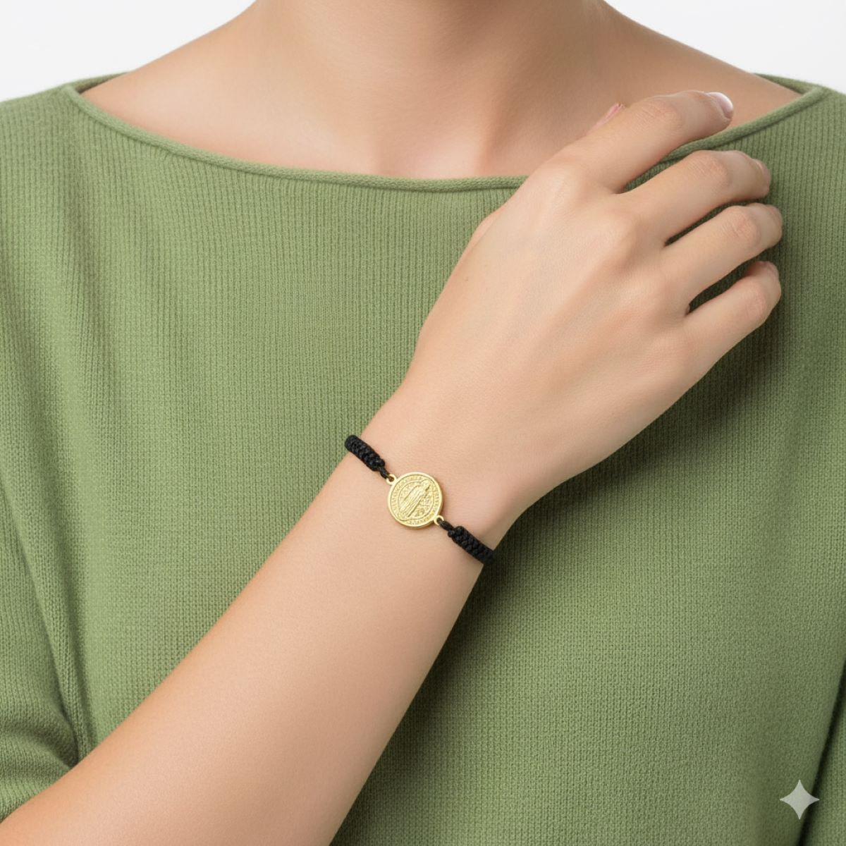 SANTORAL - Pulsera Medalla de San Benito - Hilo Negro y Acero