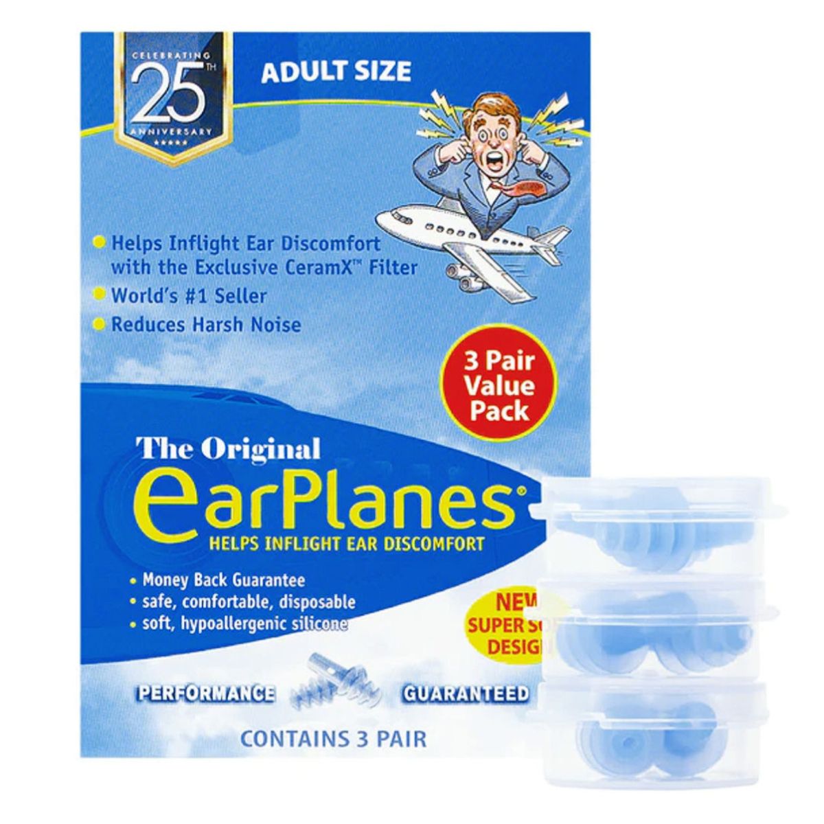 GENERICO - Tapones para Dolor de Oído en Avión - Adultos (3 pares)  - EARPLANES