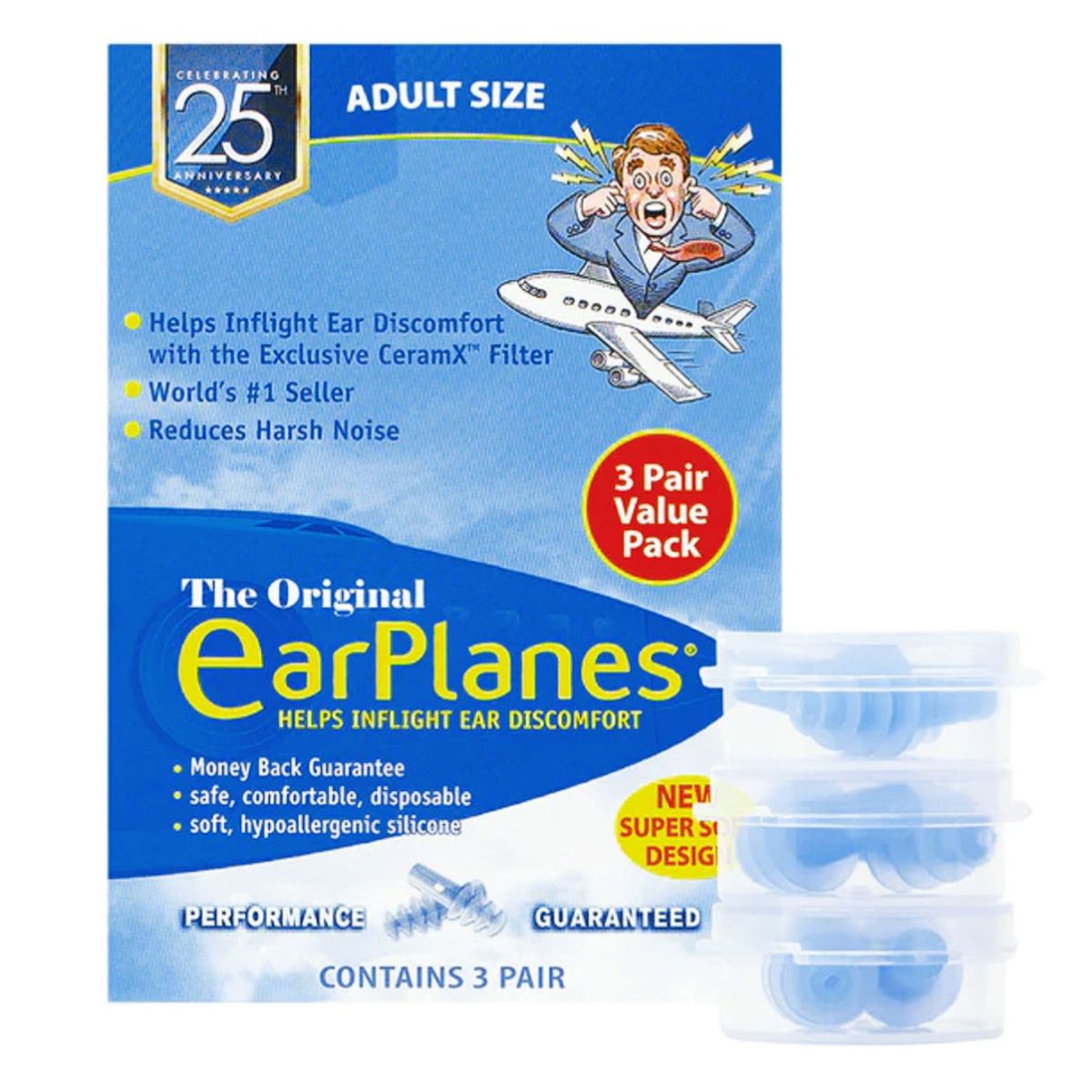 GENERICO - Tapones para Dolor de Oído en Avión - Adultos (3 pares)  - EARPLANES