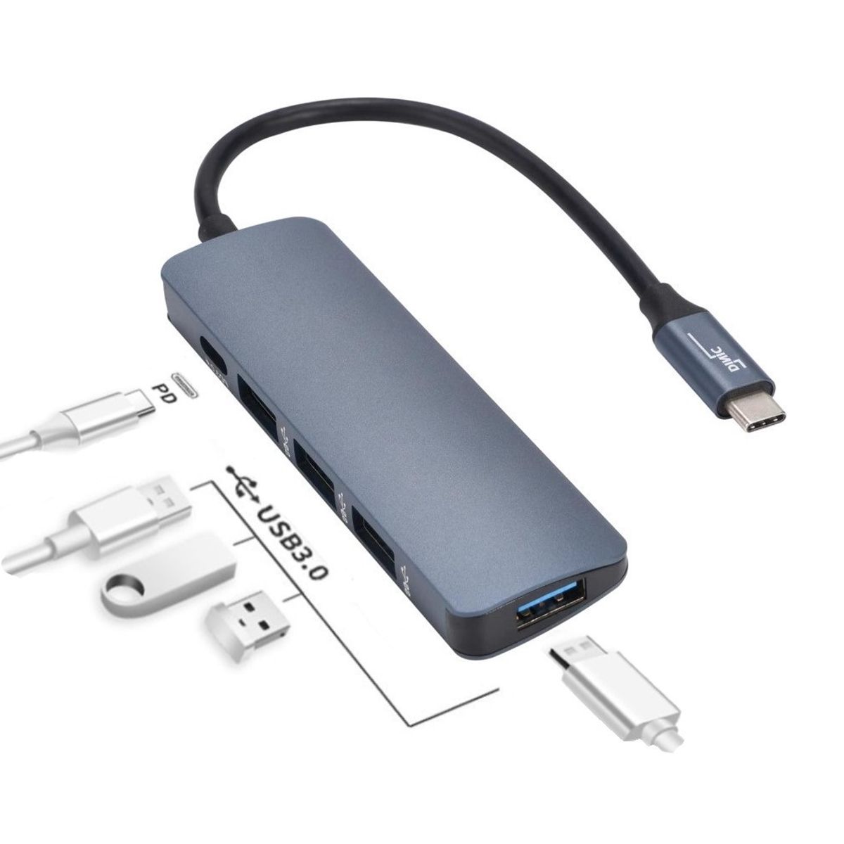 OEM - Hub Adaptador Tipo C 5 en 1 Multipuertos Puertos USB 3.0 y PD 60W