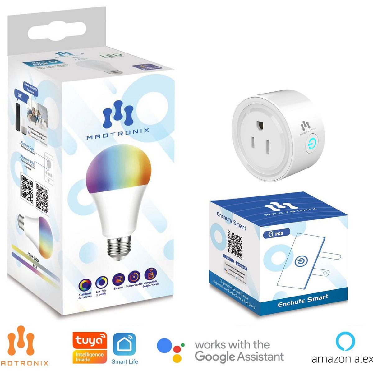 MADTRONIX - Combo Foco y Enchufe Inteligente Wifi Google y Alexa x 2