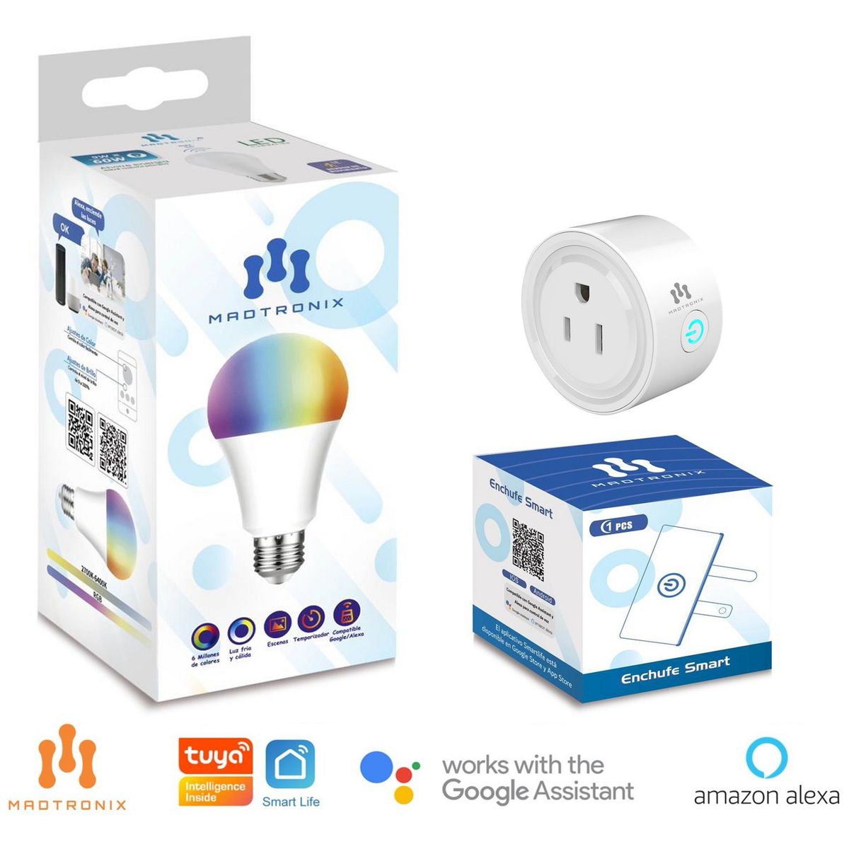 MADTRONIX - Combo Foco y Enchufe Inteligente Wifi Google y Alexa x 2