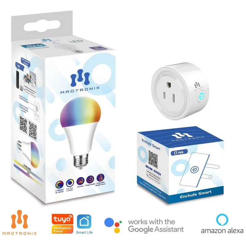 MADTRONIX - Combo Foco y Enchufe Inteligente Wifi Google y Alexa x 2