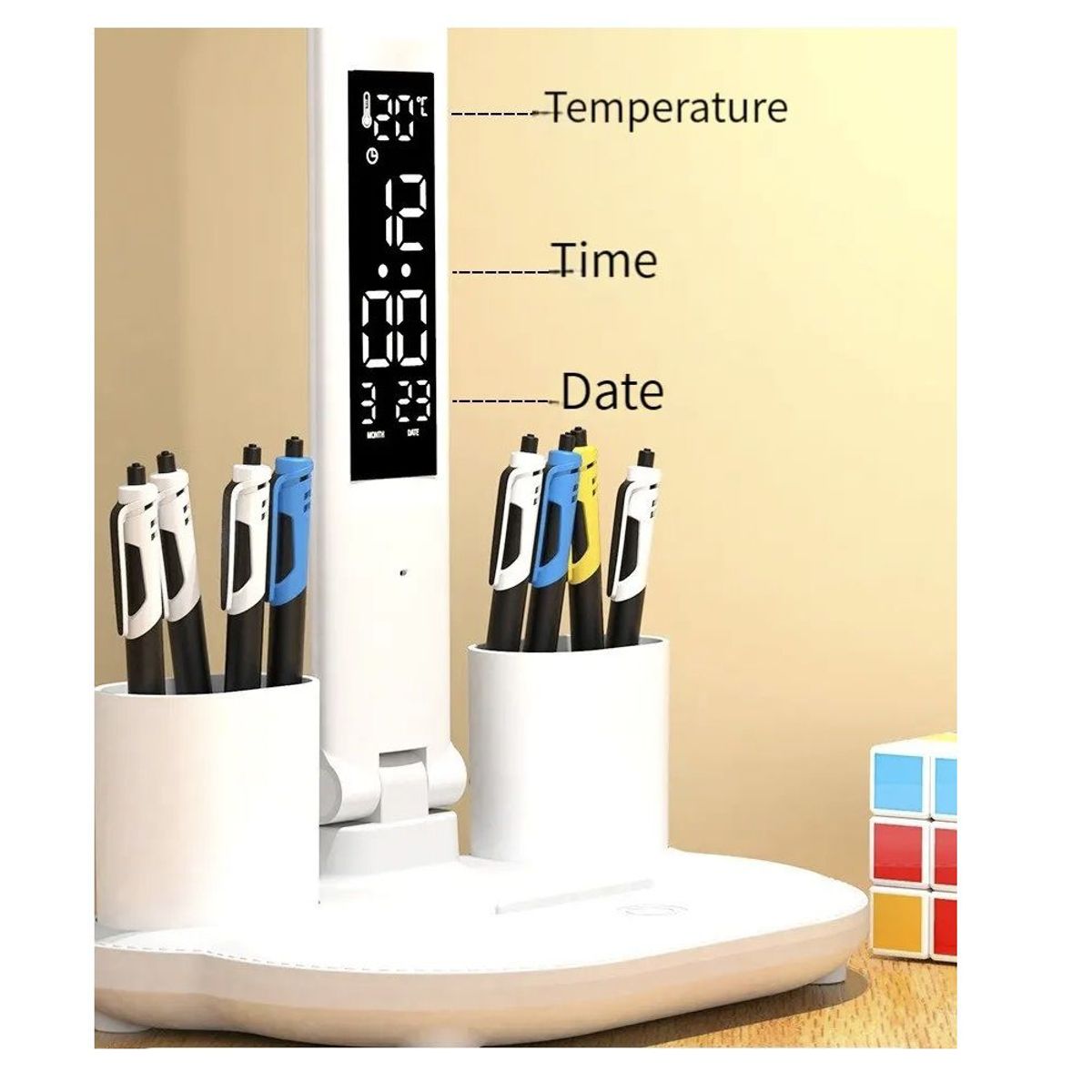 GENERICO - Lampara escritorio con reloj LED luz lectura recargable USB enchufe