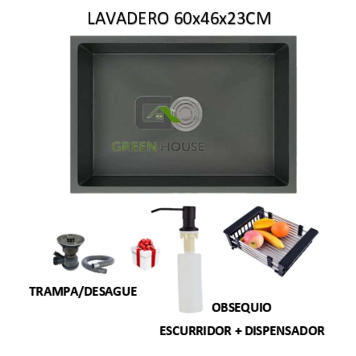 GENERICO - LAVADERO DE COCINA  60x46X23cm  ACERO INOXIDABLE COLOR NEGRO