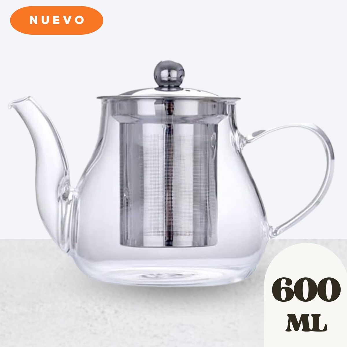 GENERICO - Tetera de Vidrio con Filtro Tapa Acero Inoxidable de 600 ml