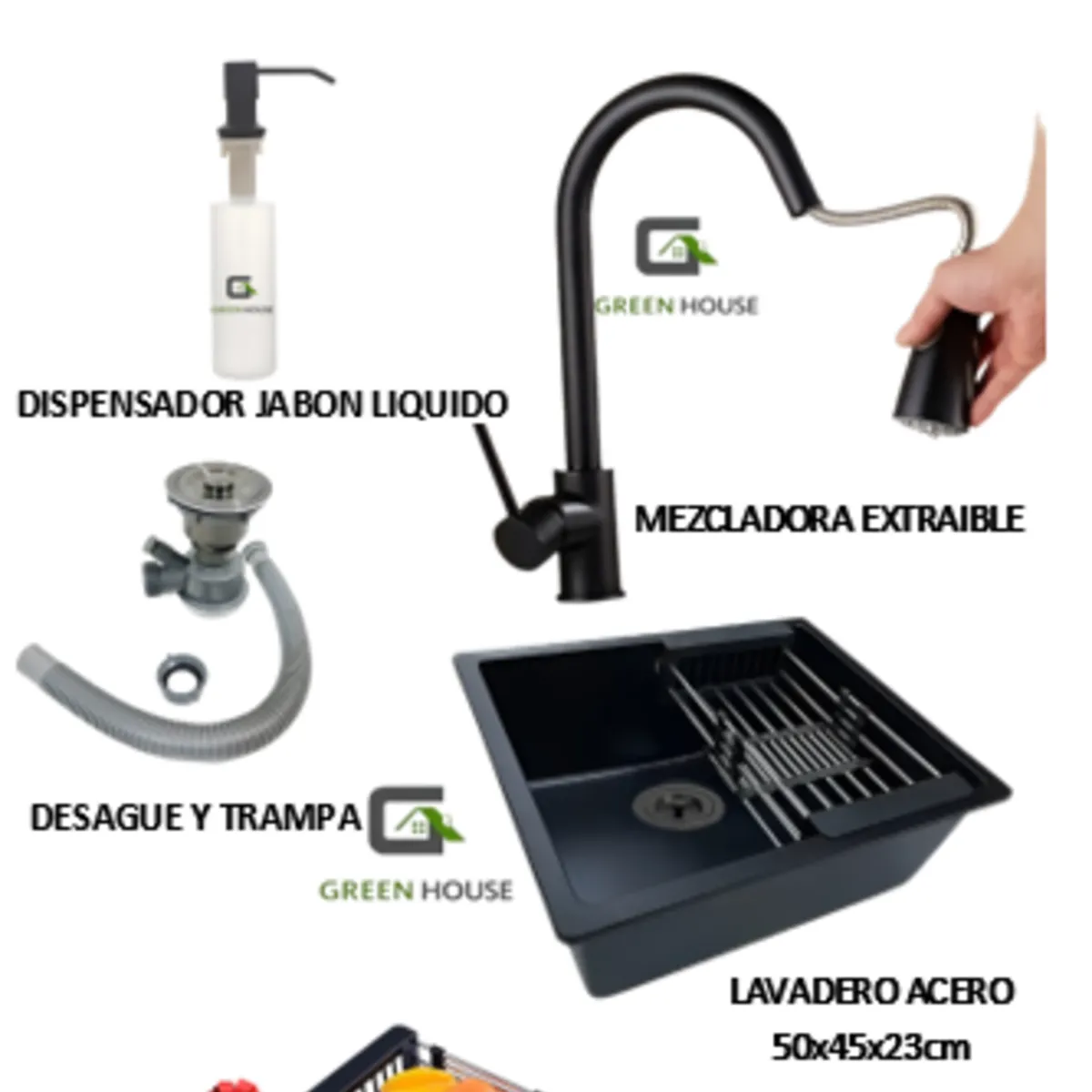 GENERICO - COMBO 50x44CM LAVADERO DE COCINA ACERO  MEZCLADORA EXTRAIBLE NEGRA