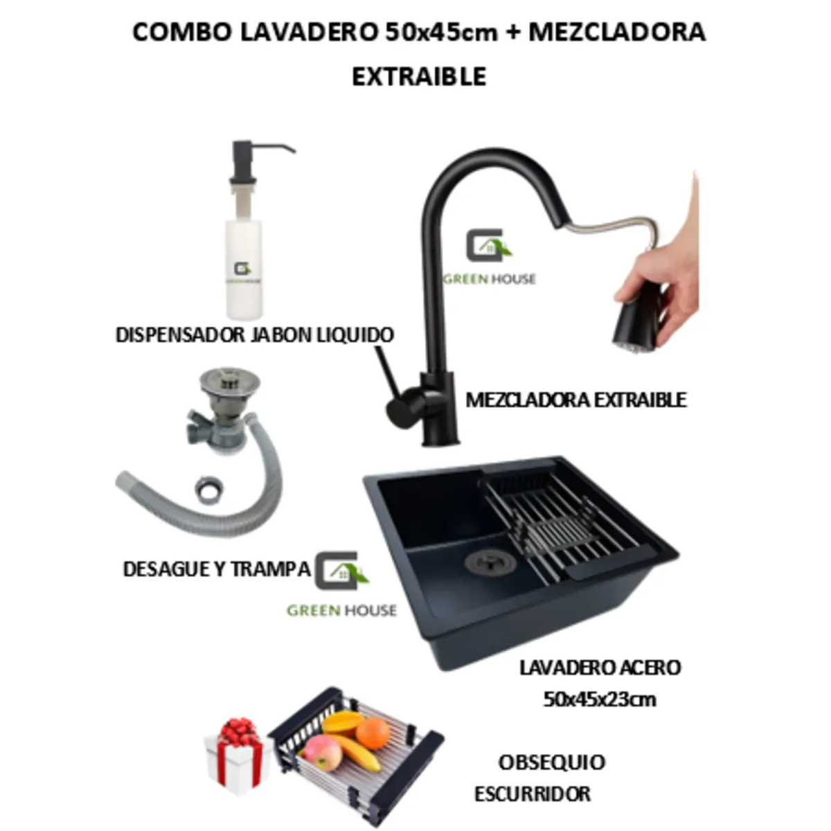 GENERICO - COMBO 50x44CM LAVADERO DE COCINA ACERO  MEZCLADORA EXTRAIBLE NEGRA