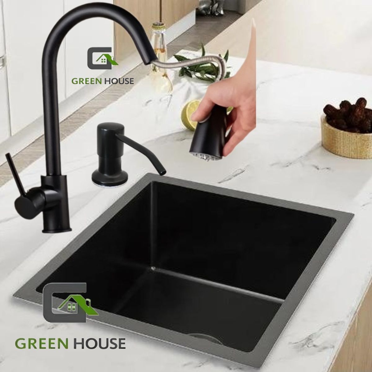 GENERICO - COMBO 50x44CM LAVADERO DE COCINA ACERO  MEZCLADORA EXTRAIBLE NEGRA