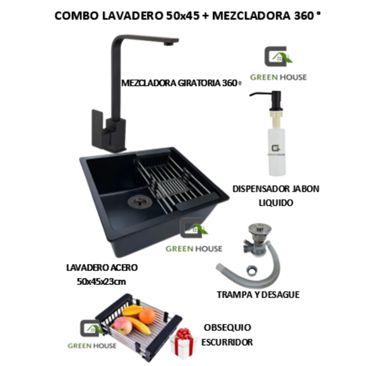 GENERICO - COMBO 50x44CM LAVADERO DE COCINA  + MEZCLADORA ACERO GIRO 360º