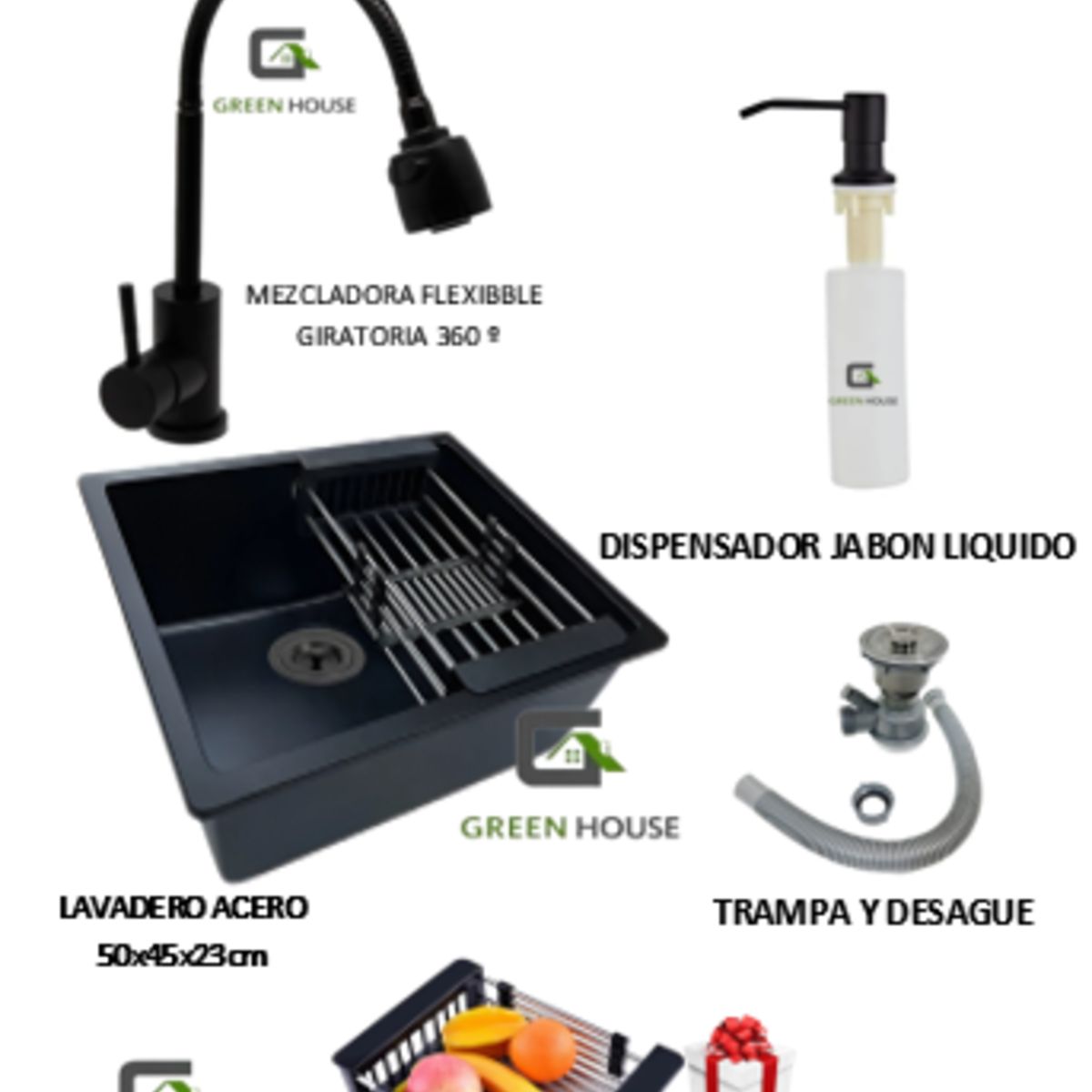 GREEN HOUSE - COMBO 50x44x23CM LAVADERO DE COCINA  MEZCLADORA FLEXIBLE NEGRA