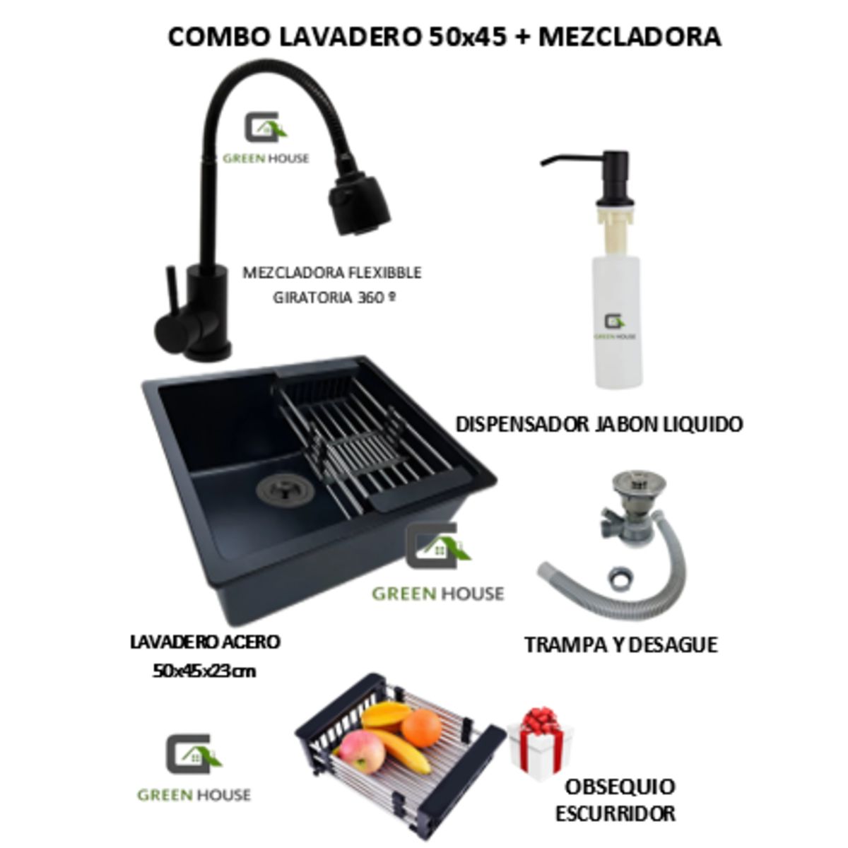 GREEN HOUSE - COMBO 50x44x23CM LAVADERO DE COCINA  MEZCLADORA FLEXIBLE NEGRA