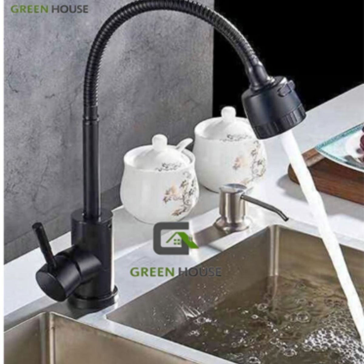 GREEN HOUSE - COMBO 50x44x23CM LAVADERO DE COCINA  MEZCLADORA FLEXIBLE NEGRA