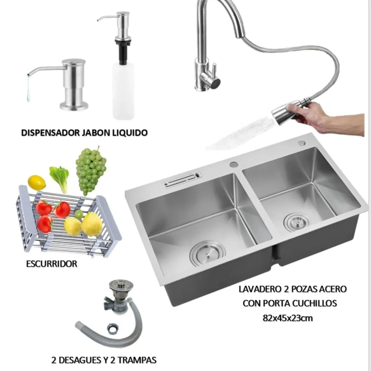 IMPORTADO MC - COMBO LAVADERO DE COCINA CON 2 POZAS ACERO + MEZCLADORA EXTRAIBLE