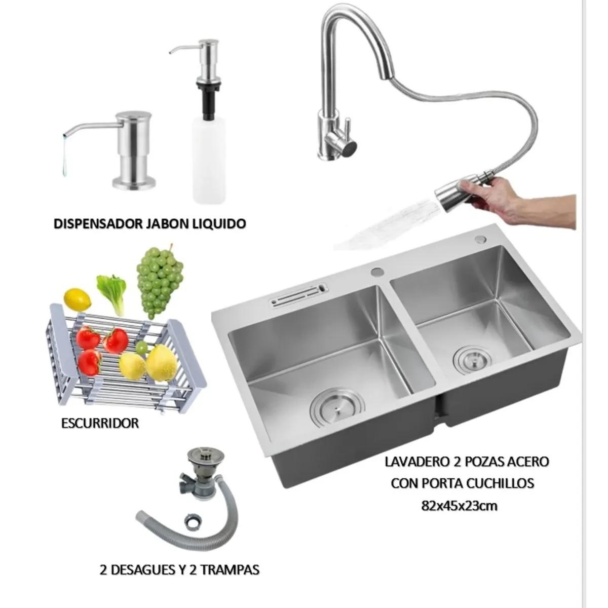 IMPORTADO MC - COMBO LAVADERO DE COCINA CON 2 POZAS ACERO + MEZCLADORA EXTRAIBLE